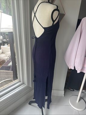SUNDARA Navy Blue Ribbed Maxi Dress Low Back Beach Swim Cotton Coverup Small Med